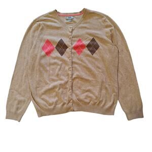 IZOD Argyle Cardigan Sweater Tan Pink Brown Button Front XL